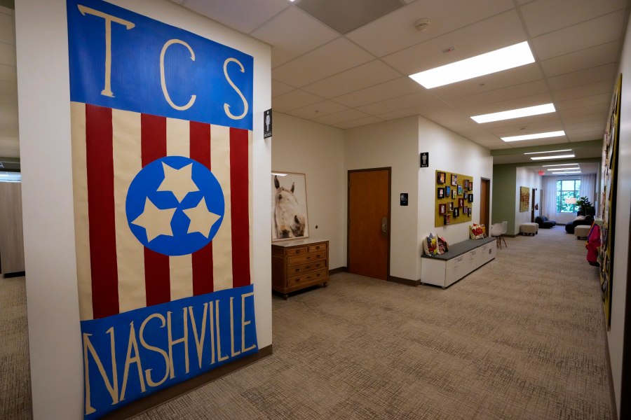 FILE - A large painting decorates a remodeled hallway in The Covenant School Tuesday, June 25, 2024, in Nashville, Tenn. The writings of a person who killed three 9-year-olds and three adults at a private Christian elementary school in Nashville last year cannot be released to the public. A Nashville judge ruled on Thursday, July 5, 2024, that The Covenant School children and parents hold a copyright to the documents given to them by the shooter's parents.(AP Photo/Mark Humphrey, File)