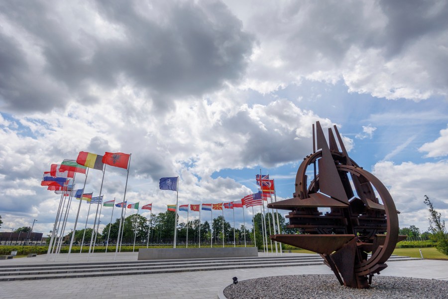 FILE - Flags of NATO member countries flap in the wind outside NATO headquarters, in Brussels, Wednesday, May 25, 2022. United States President Joe Biden and his counterparts meet in Washington for a three-day summit beginning Tuesday, July 9, 2024 to mark the military alliance's 75th anniversary, with Russian troops pressing their advantave along Ukraine's eastern front in the third year of war. (AP Photo/Olivier Matthys, File)