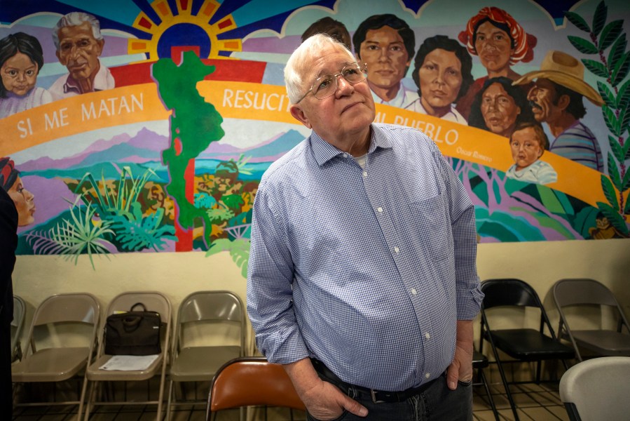 FILE - Ruben Garcia, founder and director of Annunciation House, a network of migrants shelters in El Paso ,Texas, speaks with the media during a news conference, Friday, Feb. 23, 2024. A Texas judge ruled against the state attorney general on Tuesday, July 2, in his effort to shut down a migrant shelter in El Paso that he claimed encourages illegal migration.(AP Photo/Andres Leighton, File)