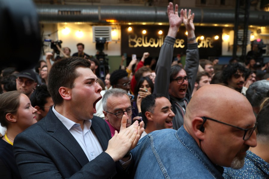 Supporters of the Socialist Party react after the second round of the legislative elections, Sunday, July 7, 2024 at their election night headquarters in Paris. A coalition on the left that came together unexpectedly ahead of France's snap elections won the most parliamentary seats in the vote, according to polling projections Sunday. The surprise projections put President Emmanuel Macron's centrist alliance in second and the far right in third. (AP Photo/Aurelien Morissard)