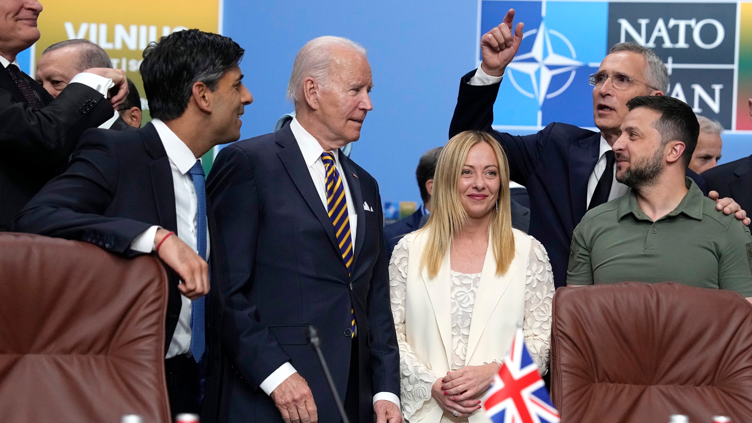 FILE - From left, Lithuania's President Gitanas Nauseda, British Prime Minister Rishi Sunak, President Joe Biden, Italy's Prime Minister Giorgia Meloni, NATO Secretary General Jens Stoltenberg and Ukraine's President Volodymyr Zelenskyy pose during a meeting of the NATO-Ukraine Council during a NATO summit in Vilnius, Lithuania, July 12, 2023. U.S. President Joe Biden and his NATO counterparts are meeting in Washington this week to mark the 75th anniversary of the world's biggest security organization just as Russia presses its advantage on the battlefield in Ukraine. (AP Photo/Pavel Golovkin, File)