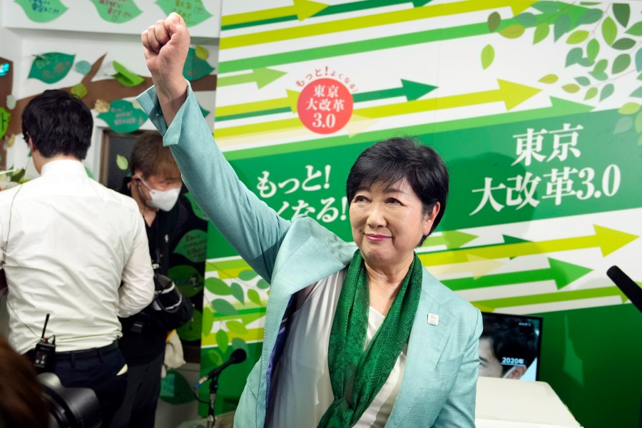 FILE - Incumbent Tokyo Gov. Yuriko Koike celebrates after she was elected for Tokyo's gubernatorial election in Tokyo, Sunday, July 7, 2024. Multiple women competing for a top political office is still rare in Japan, but Koike’s win highlights a gradual rise in powerful female officials and a society more open to gender balance in politics. That said, even if a woman eventually becomes prime minister, politics here is still overwhelmingly dominated by men, and experts see a huge effort needed for equal representation. (AP Photo/Hiro Komae, File)