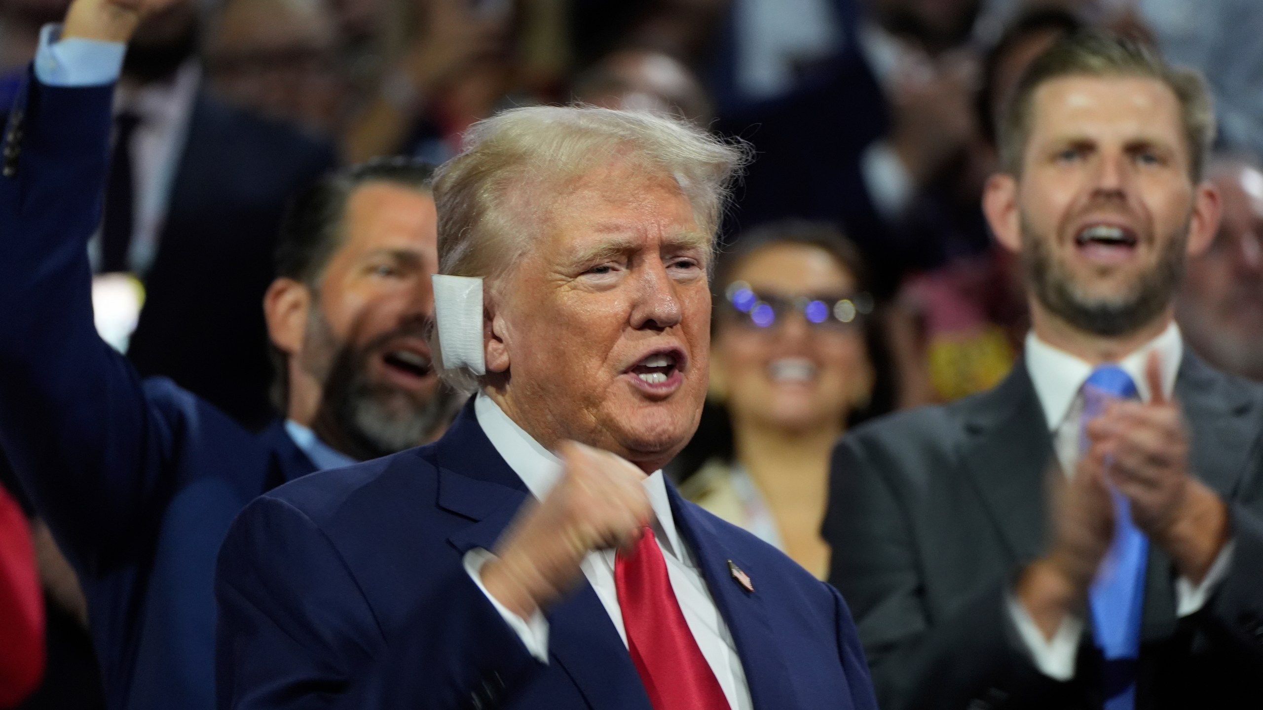 Republican presidential candidate former President Donald Trump appears during the Republican National Convention Monday, July 15, 2024, in Milwaukee. (AP Photo/Paul Sancya)