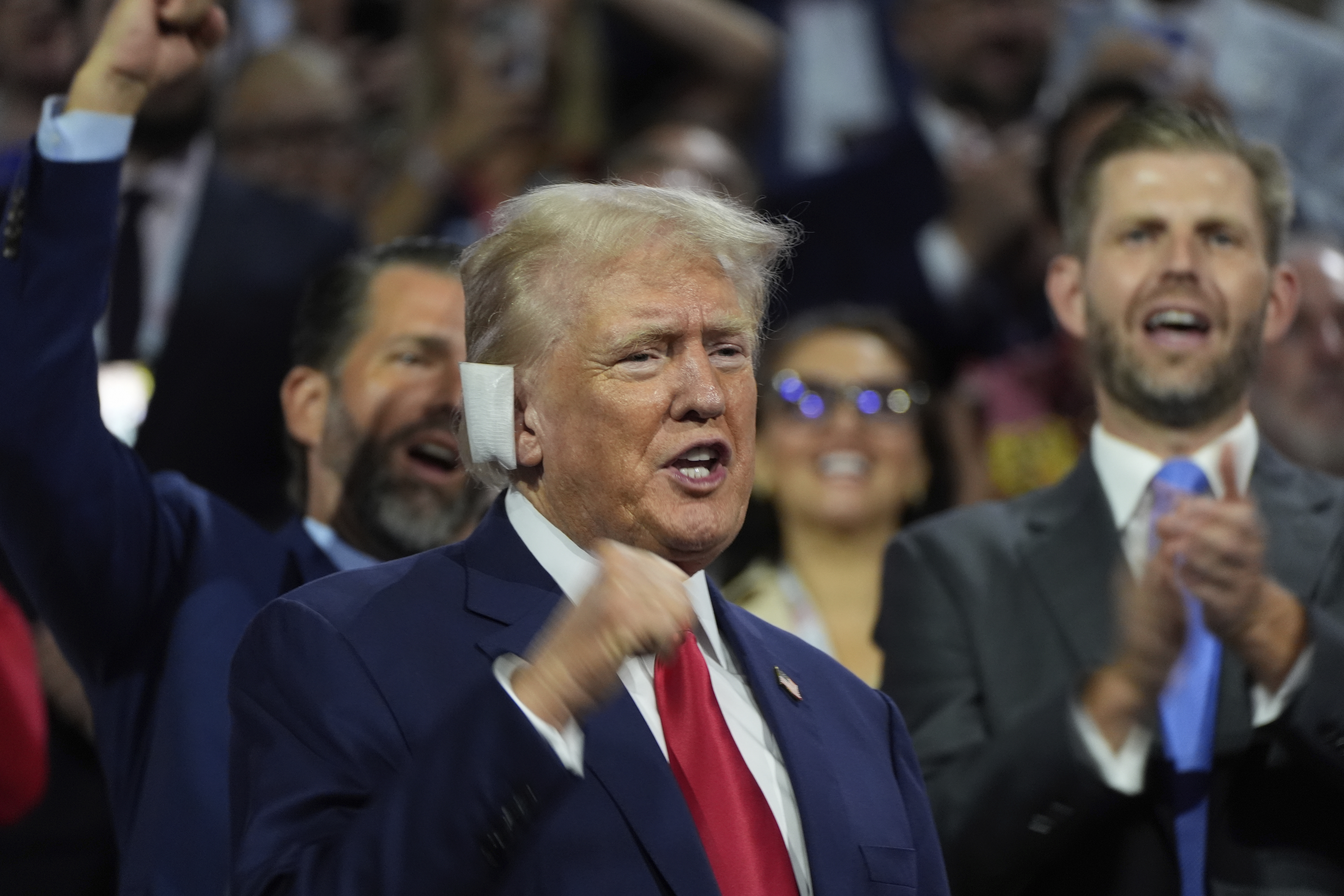 Republican presidential candidate former President Donald Trump appears during the Republican National Convention Monday, July 15, 2024, in Milwaukee. (AP Photo/Paul Sancya)