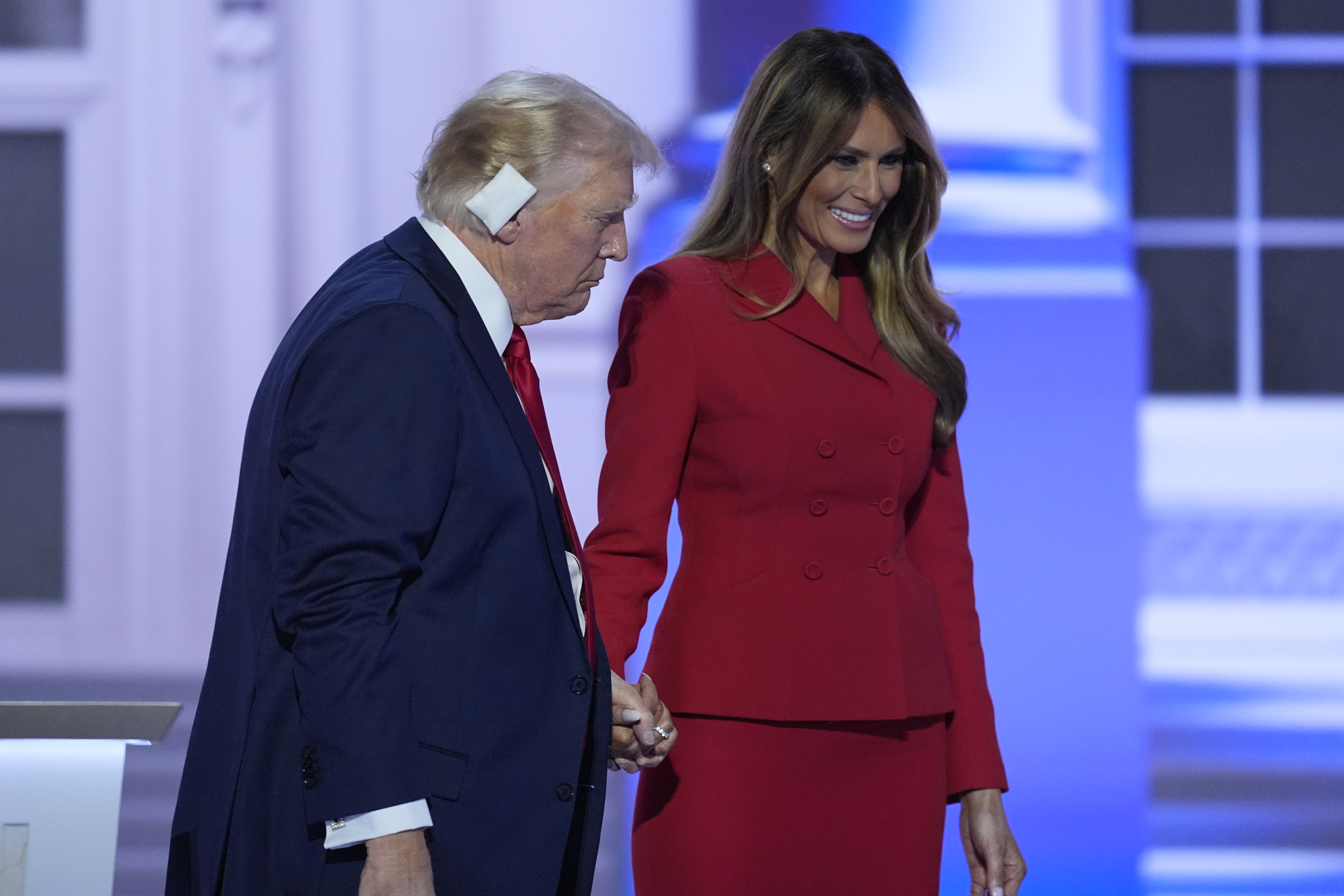 Republican presidential candidate former President Donald Trump is joined on stage by former first lady Melania Trump at the Republican National Convention Thursday, July 18, 2024, in Milwaukee. (AP Photo/J. Scott Applewhite)