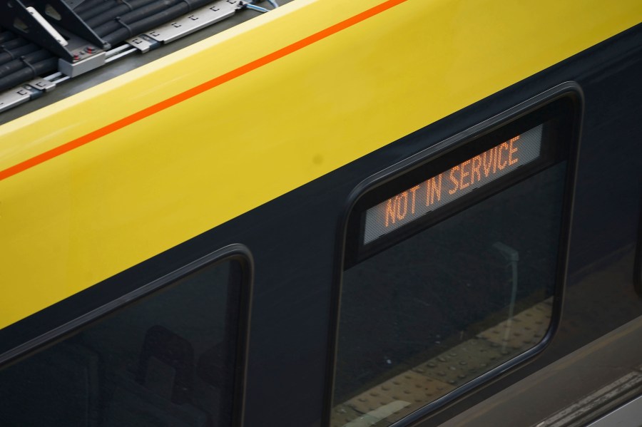 This shows a general view of a Great Northern railway train at Hunt's Cross station in Liverpool, England amid reports of widespread IT outages affecting airlines, broadcasters and banks, Friday, July 19, 2024. (Peter Byrne/PA via AP)