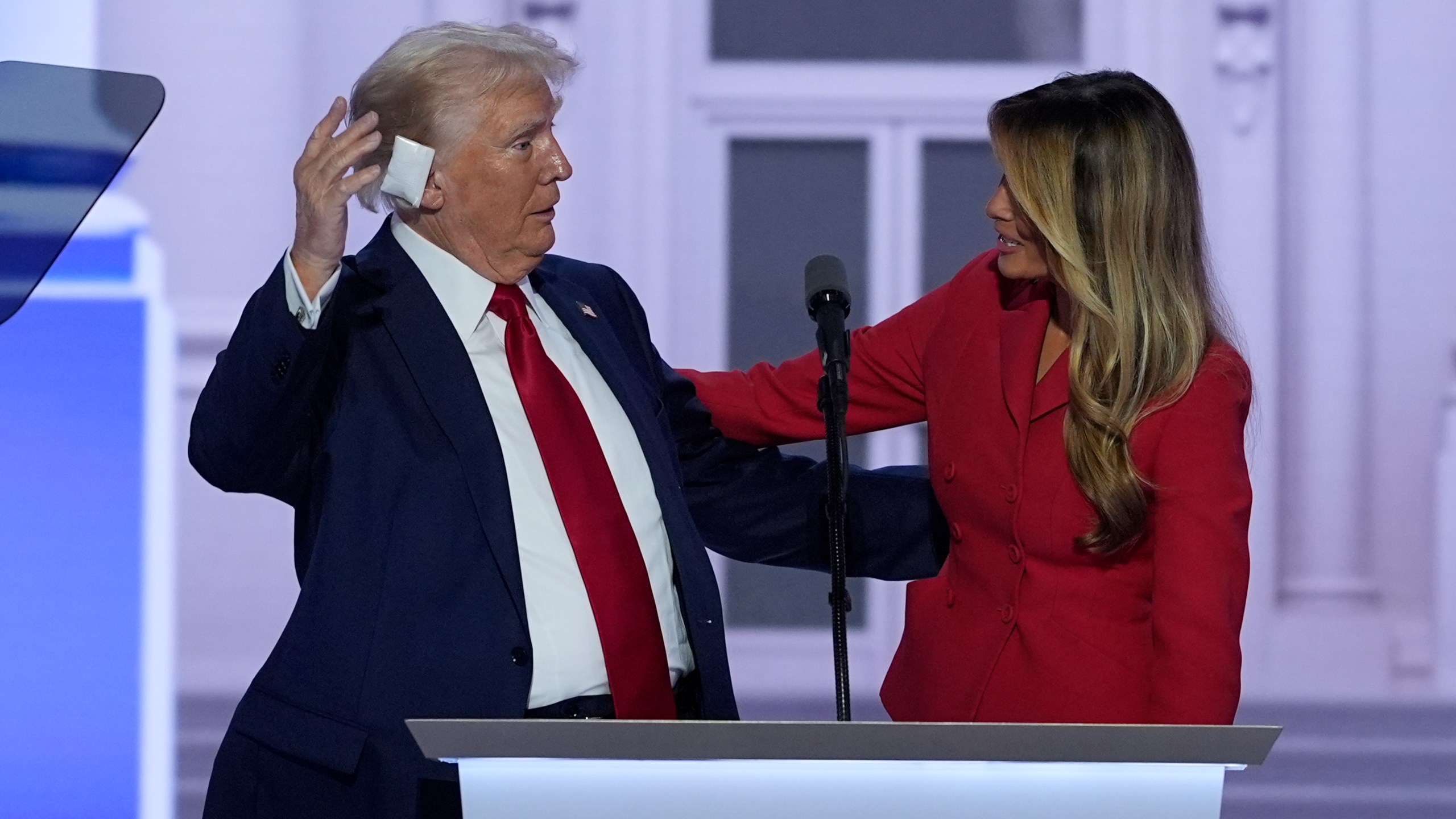 Republican presidential candidate former President Donald Trump is joined on stage by former first lady Melania Trump at the Republican National Convention Thursday, July 18, 2024, in Milwaukee. (AP Photo/J. Scott Applewhite)