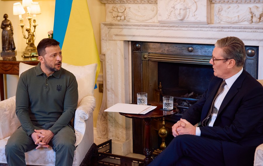 Britain's Prime Minister Keir Starmer, right, and Ukraine's President Volodymyr Zelenskyy speak during a bilateral meeting at 10 Downing Street in London, Friday July 19, 2024. (Benjamin Cremel/Pool Photo via AP)