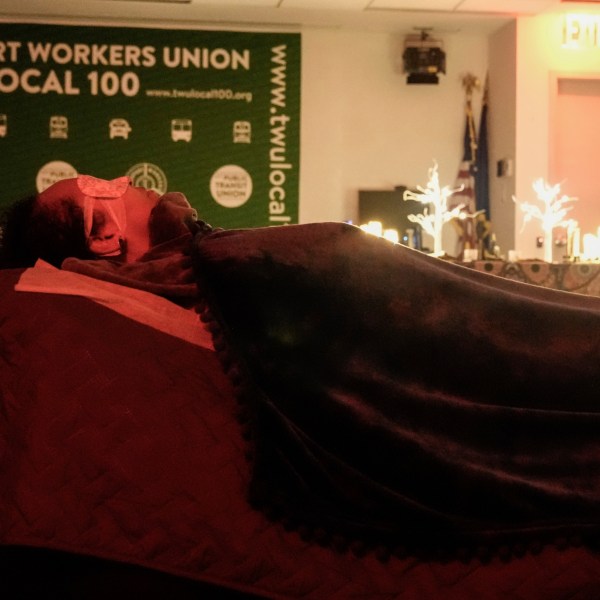 Transit Workers take part in a guided relaxation class Friday, May 17, 2024, in the Brooklyn borough of New York. The class, held at a union hall for New York City transit employees, has emerged as one of several ways in which transportation workers around the country are trying to manage their fear and anxiety over a rise in violent crime on subways and buses. (AP Photo/Frank Franklin II)