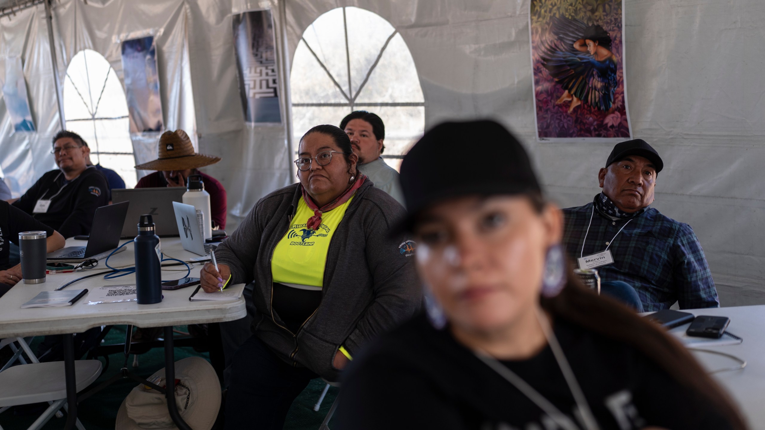 Attendees listen to an instructor during the Tribal Broadband Bootcamp held on co-founder Matthew Rantanen's ranch in Aguanga, Calif., Wednesday, June 19, 2024. (AP Photo/Jae C. Hong)