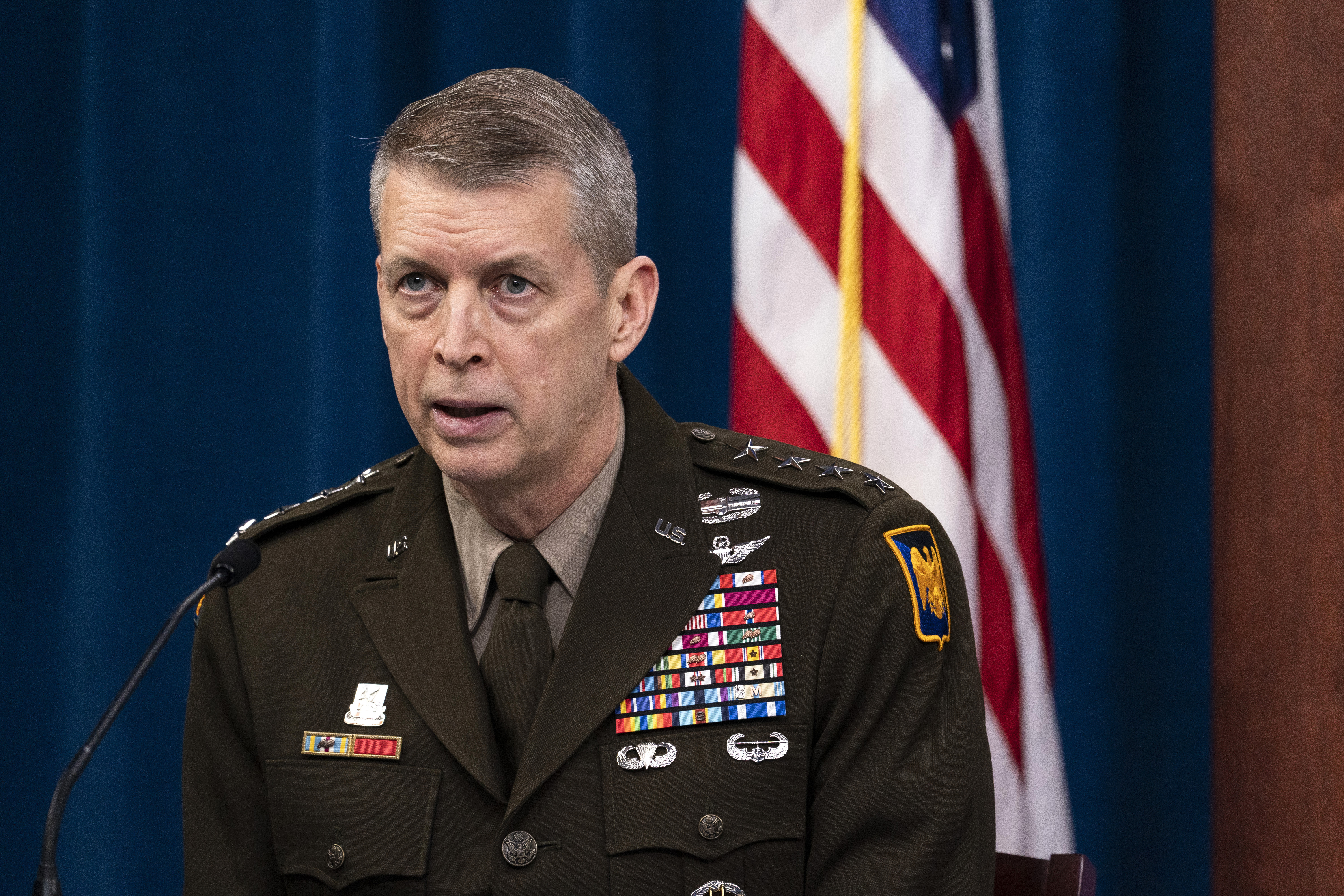 FILE - U.S. Army Gen. Daniel Hokanson, chief of the National Guard Bureau, speaks during a media briefing at the Pentagon, Jan. 25, 2021, in Washington. The top four officers of the National Guard Bureau have left or are set to retire in about two weeks, and to date no nominations for their replacements have been confirmed by the Senate. Hokanson will retire at the beginning of August 2024. (AP Photo/Alex Brandon).