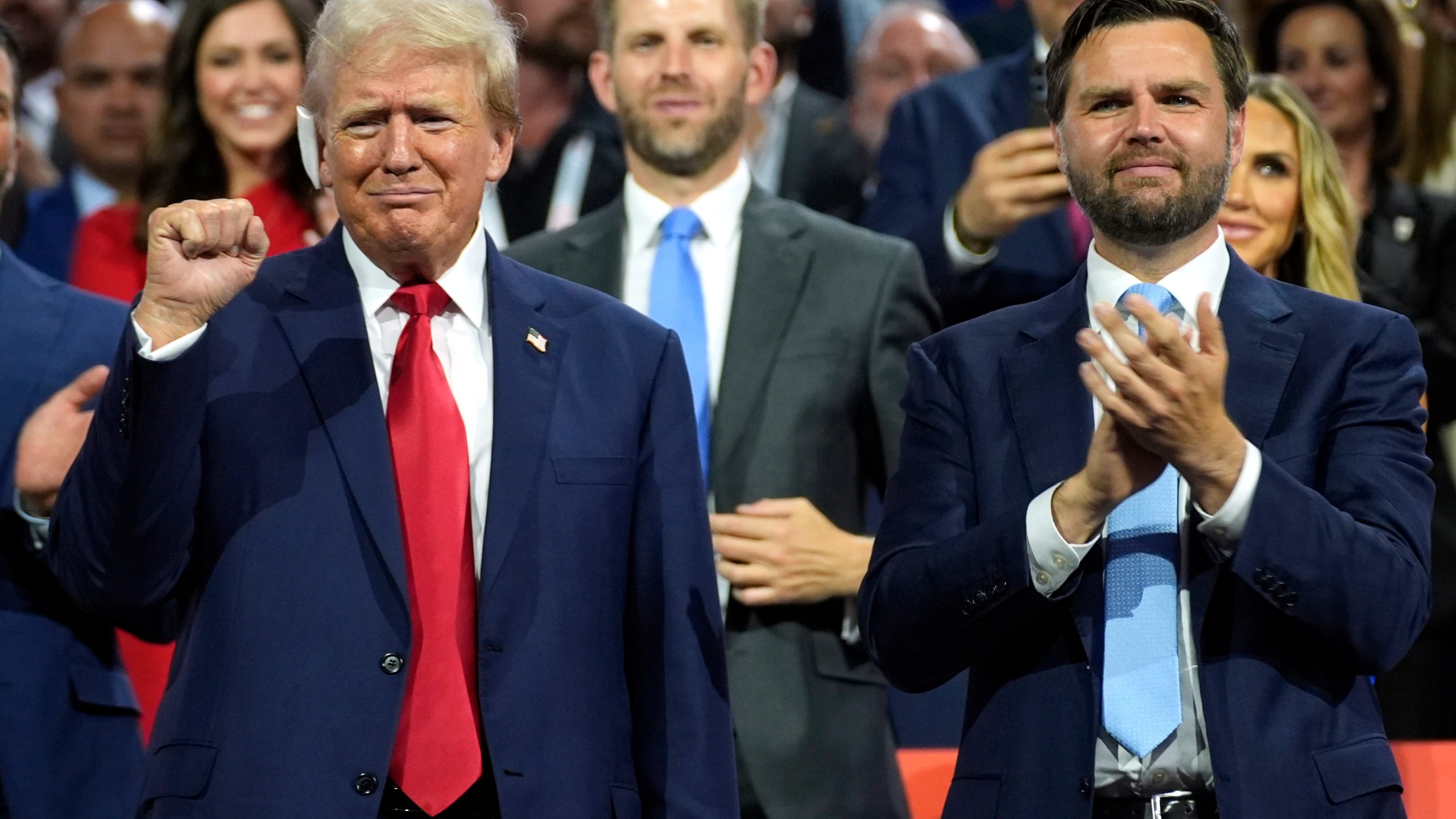 FILE - Republican presidential candidate former President Donald Trump, left, and Republican vice presidential candidate Sen. JD Vance, R-Ohio, attend the Republican National Convention, July 15, 2024, in Milwaukee. Trump is returning to the campaign trail in Michigan as he looks to win a second term in office. Trump has spent much of the week at the RNC and the trip to Michigan will be his first campaign event since an assassination attempt in Pennsylvania on July 13. (AP Photo/Evan Vucci, File)