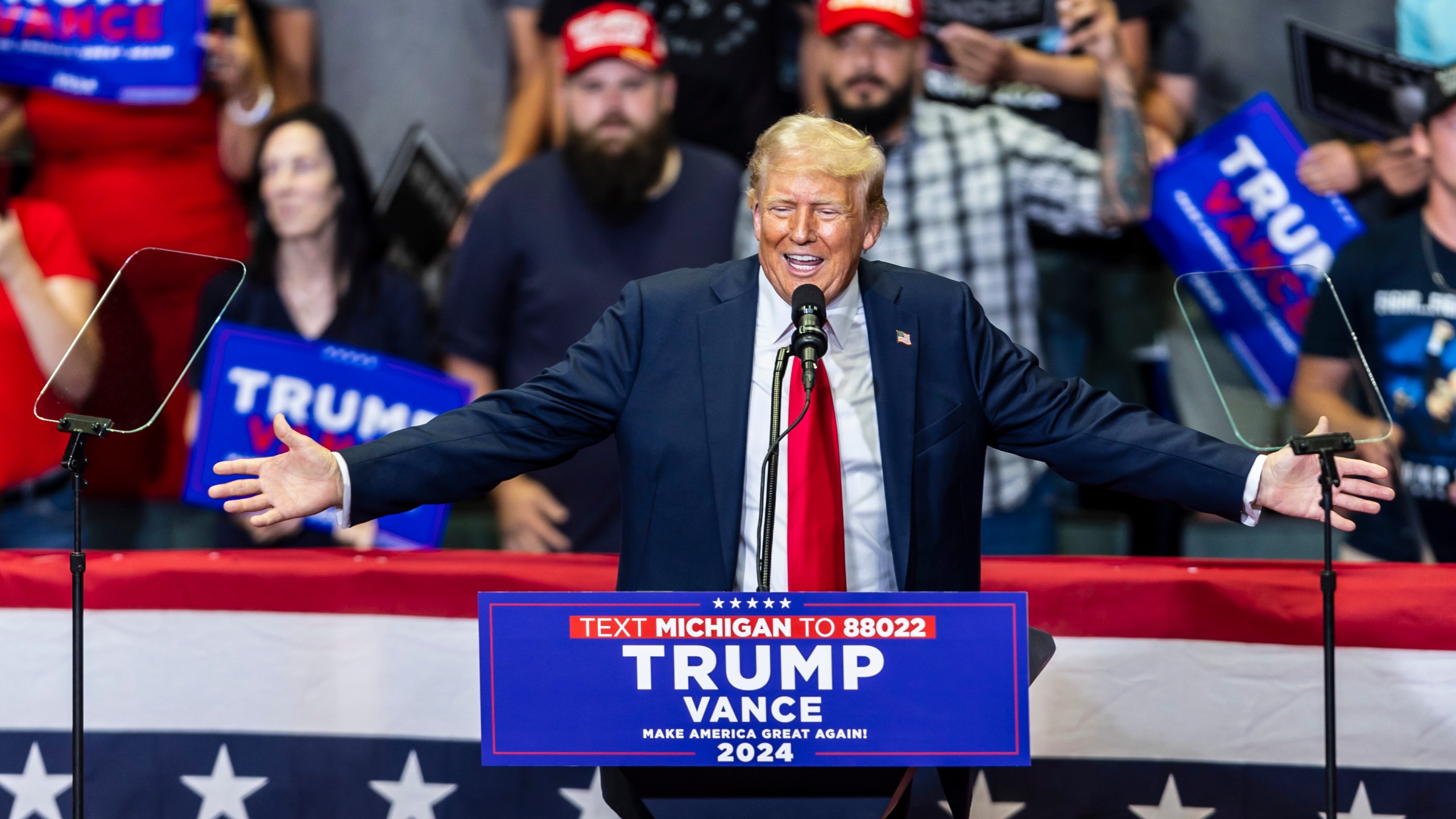 Republican presidential candidate former President Donald Trump speaks at a campaign event, Saturday, July 20, 2024, at Van Andel Arena in Grand Rapids, Mich. (Kaytie Boomer/Saginaw News via AP)