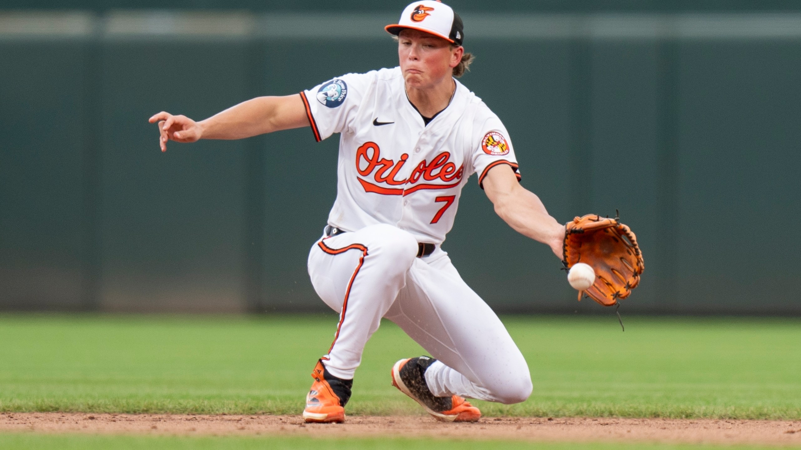 Baltimore Orioles second baseman Jackson Holliday (7) fields a ground ball hit by Toronto Blue Jays' Leo Jimenez before before turning a double play during the ninth inning of a baseball game, Wednesday, July 31, 2024, in Baltimore. (AP Photo/Stephanie Scarbrough)