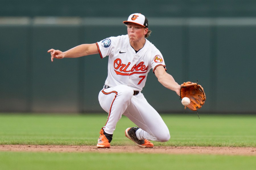 Baltimore Orioles second baseman Jackson Holliday (7) fields a ground ball hit by Toronto Blue Jays' Leo Jimenez before before turning a double play during the ninth inning of a baseball game, Wednesday, July 31, 2024, in Baltimore. (AP Photo/Stephanie Scarbrough)