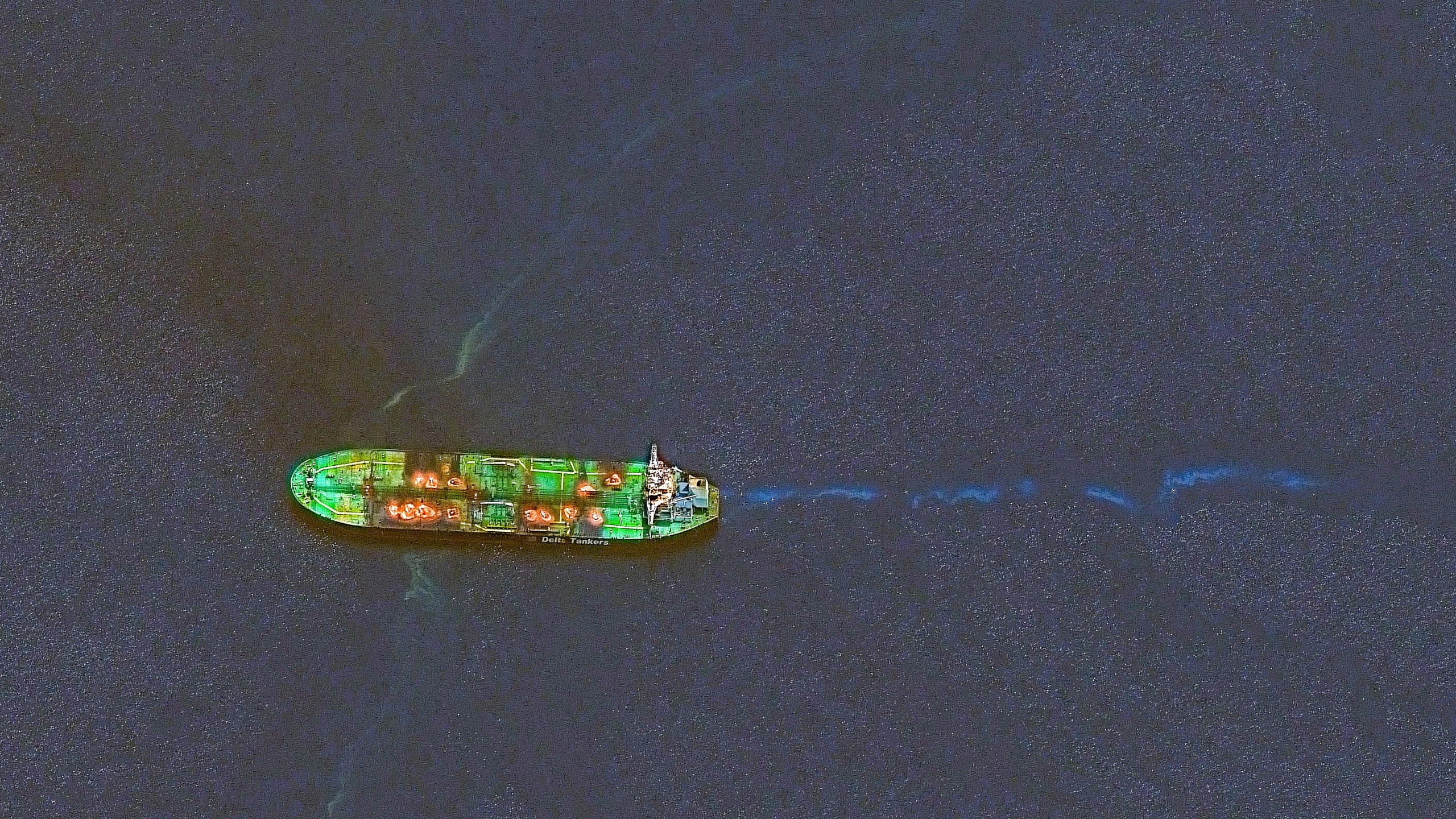 This image released by Maxar Technologies shows an overview of the Sounion oil tanker that was recently attacked by Houthi rebels on fire in the Red Sea, Thursday, Aug. 29, 2024. (Satellite image ©2024 Maxar Technologies via AP)