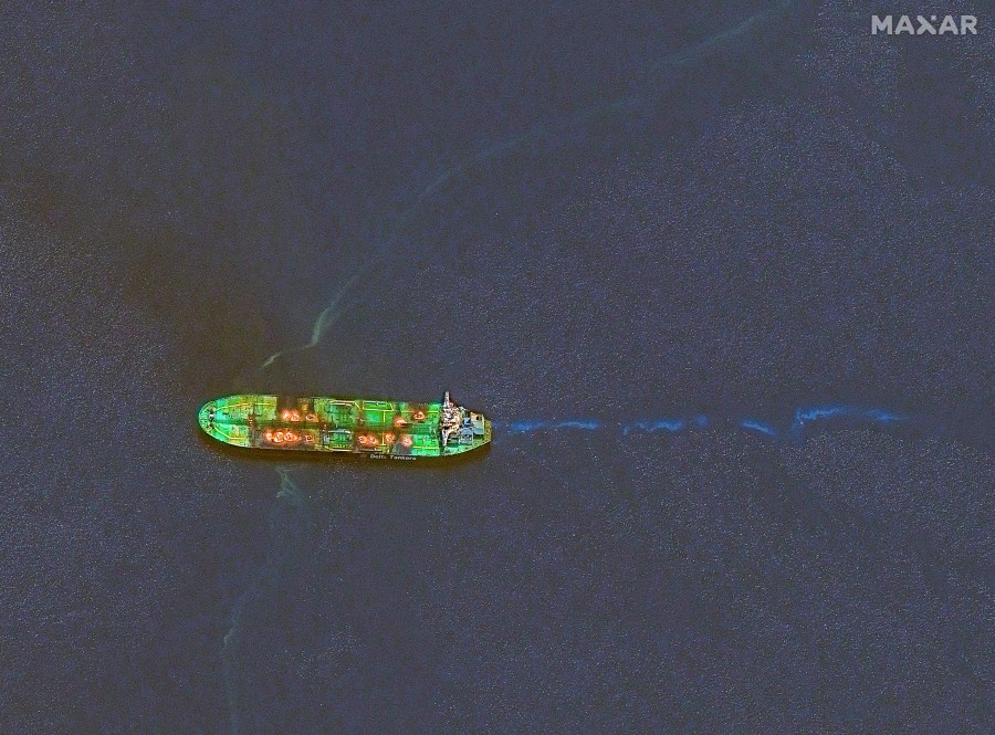 This image released by Maxar Technologies shows an overview of the Sounion oil tanker that was recently attacked by Houthi rebels on fire in the Red Sea, Thursday, Aug. 29, 2024. (Satellite image ©2024 Maxar Technologies via AP)