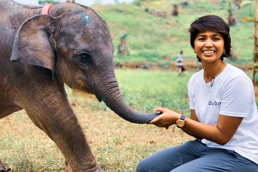 This undated photo provided by the Ramon Magsaysay Award Foundation shows 2024 Ramon Magsaysay Awardee for Emergent Leadership, Farwiza Farhan, from Indonesia, sitting beside an elephant. (INDONESIA-Farhan/Ramon Magsaysay Awards Foundation via AP)