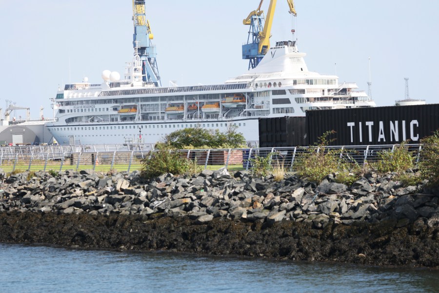 The Odyssey, a US cruise liner operated by Villa Vie Residences docked at Harland & Wolf ship repair facility in Belfast Harbour, Northern Ireland, Friday, Aug. 30, 2024. (AP Photo/Peter Morrison)