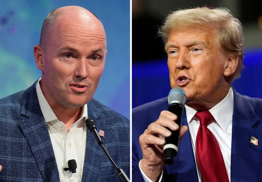 In this combination photo, Utah Gov. Spencer Cox speaks at the National Governors Association, July 11, 2024, in Salt Lake City, left, and Republican presidential nominee former President Donald Trump speaks during a town hall, Aug. 29, 2024, in La Crosse, Wis.. (AP Photo)