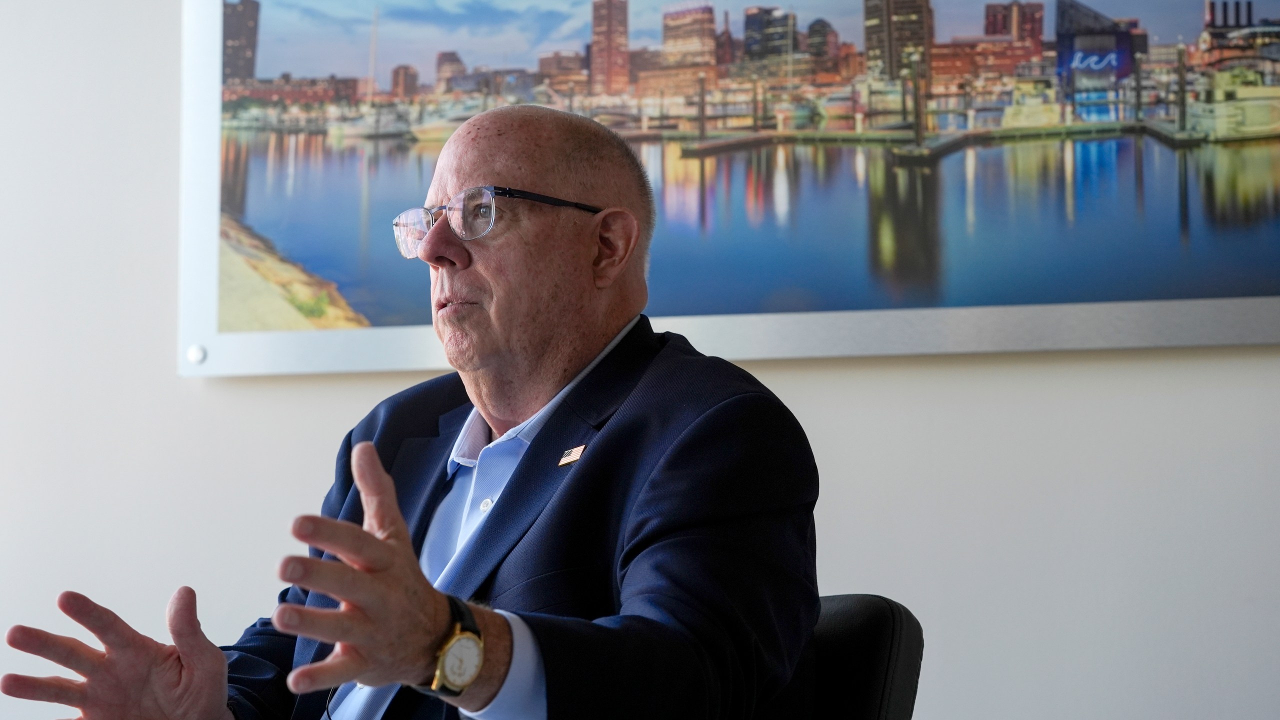 Former Maryland Gov. Larry Hogan speaks during an interview with the Associated Press, Tuesday, Aug. 27, 2024, in Annapolis, Md. (AP Photo/Stephanie Scarbrough)