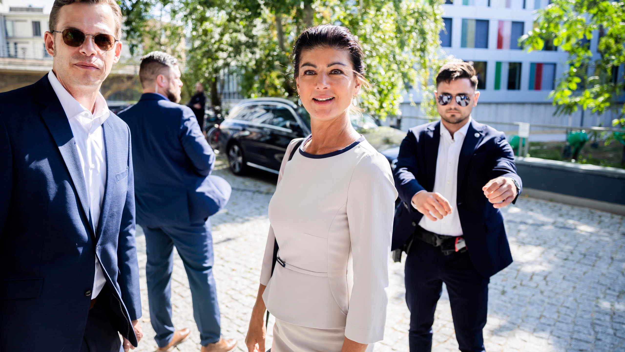 Sahra Wagenknecht, party leader of the Sahra Wagenknecht Alliance (BSW), arrives for a press conference after the state elections in Saxony and Thuringia, in Berlin, Germany, Monday, Sept. 1, 2024. (Christoph Soeder/dpa via AP)