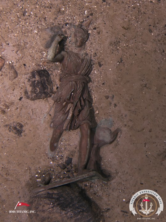 This image released on Monday, Sept. 2, 2024, shows the bronze statue "Diana of Versaille" from the Titanic photographed this summer by a company with salvage rights to the wreck site on its first expedition there in many years. (RMS Titanic Inc. via AP)