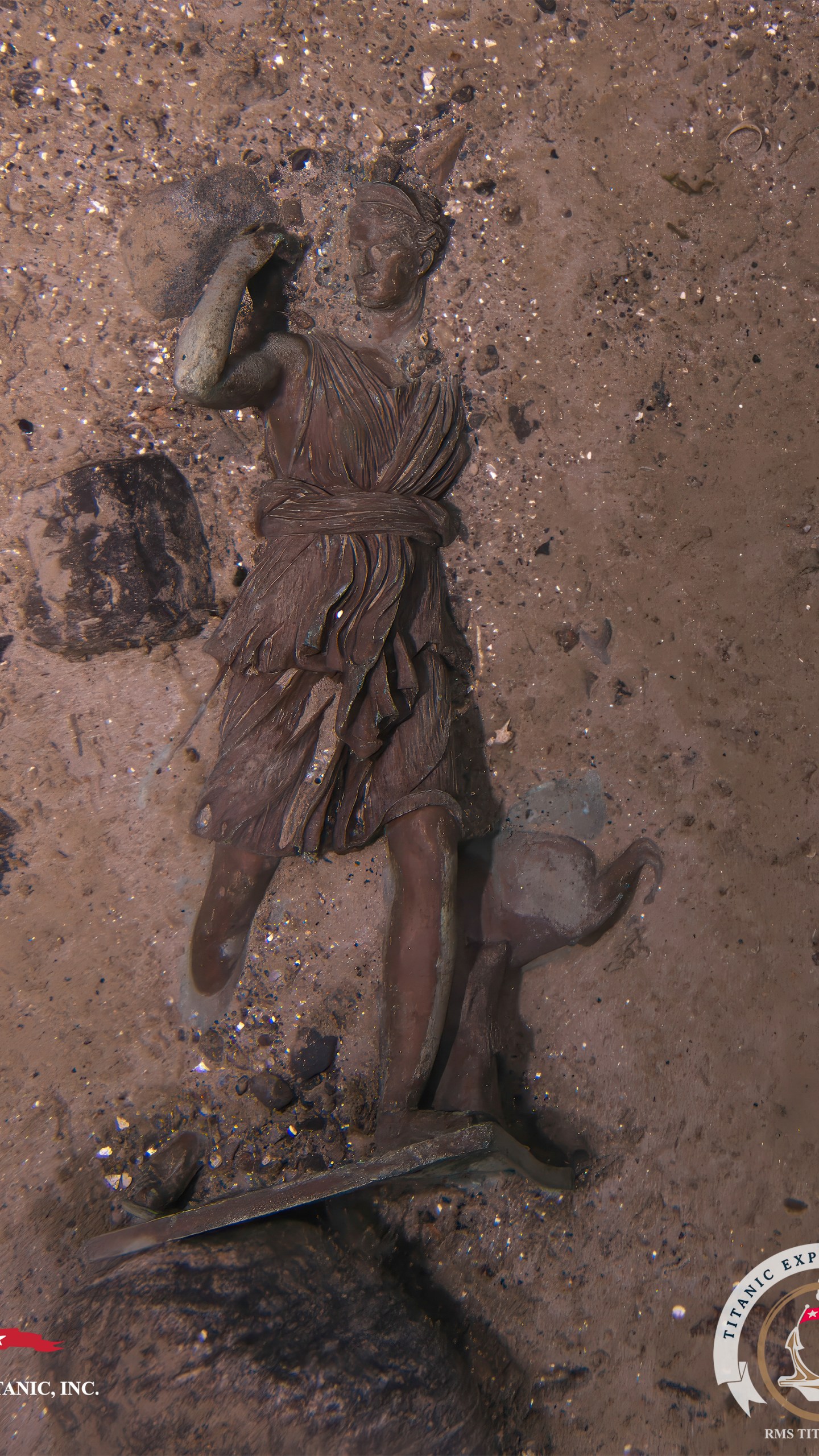 This image released on Monday, Sept. 2, 2024, shows the bronze statue "Diana of Versaille" from the Titanic photographed this summer by a company with salvage rights to the wreck site on its first expedition there in many years. (RMS Titanic Inc. via AP)