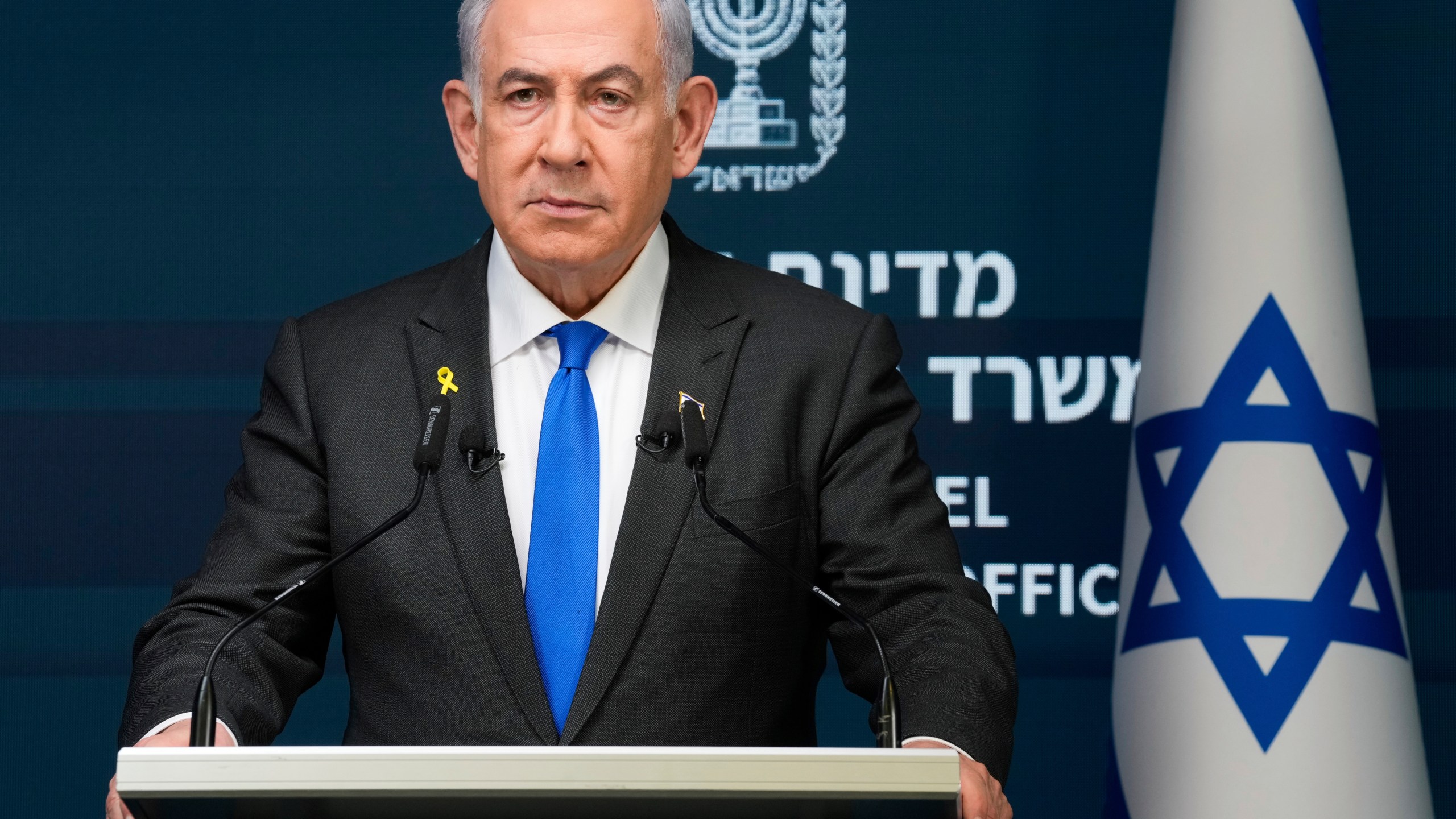 Israeli Prime Minister Benjamin Netanyahu speaks during a news conference in Jerusalem, Monday, Sept. 2, 2024.(AP Photo/Ohad Zwigenberg, Pool)