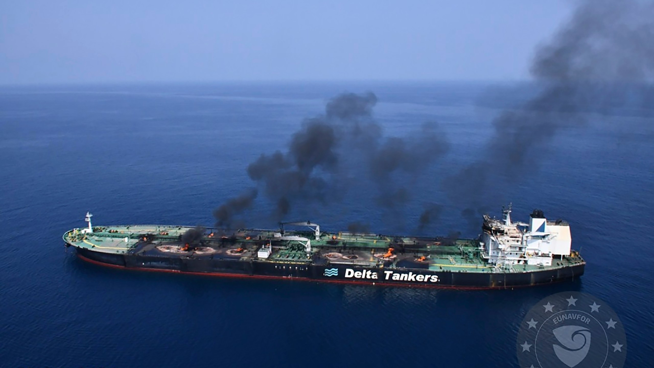 This photo released by the European Union's Operation Aspides naval force shows the Greek-flagged oil tanker Sounion burning in the Red Sea following a series of attacks by Yemen's Houthi rebels on Monday, Sept. 2, 2024. (European Union's Operation Aspides via AP)