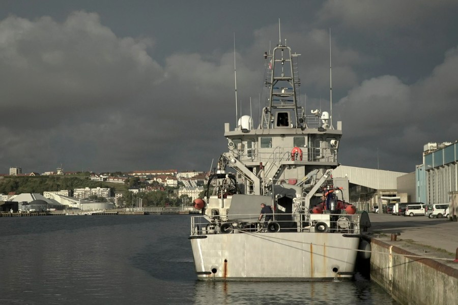 A view of one of the vessels from the French Gendarmerie Nationale in the port of Boulogne-Sur-Mer, France, Tuesday, Sept. 3, 2024, after participating in the rescue operation after a boat carrying migrants ripped apart attempting to cross the English Channel. (AP Photo/Nicolas Garriga)