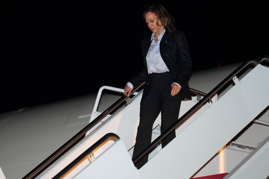 Democratic presidential nominee Vice President Kamala Harris returns to Joint Base Andrews, Md., Monday, Sept. 2, 2024, after campaign stops in Detroit and Pittsburgh. (AP Photo/Jacquelyn Martin, Pool)