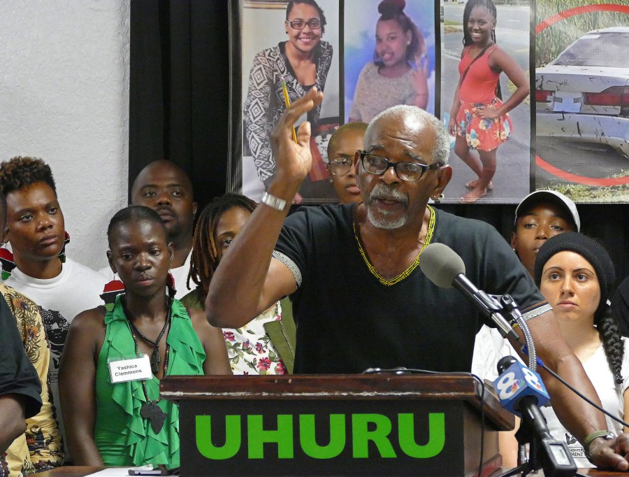 FILE - Omali Yeshitela, chairman of the International People's Democratic Uhuru Movement, St. Petersburg, addresses the recent killings of black males, and police on July 8, 2016, in Dallas. (Scott Keeler/The Tampa Bay Times via AP, File)