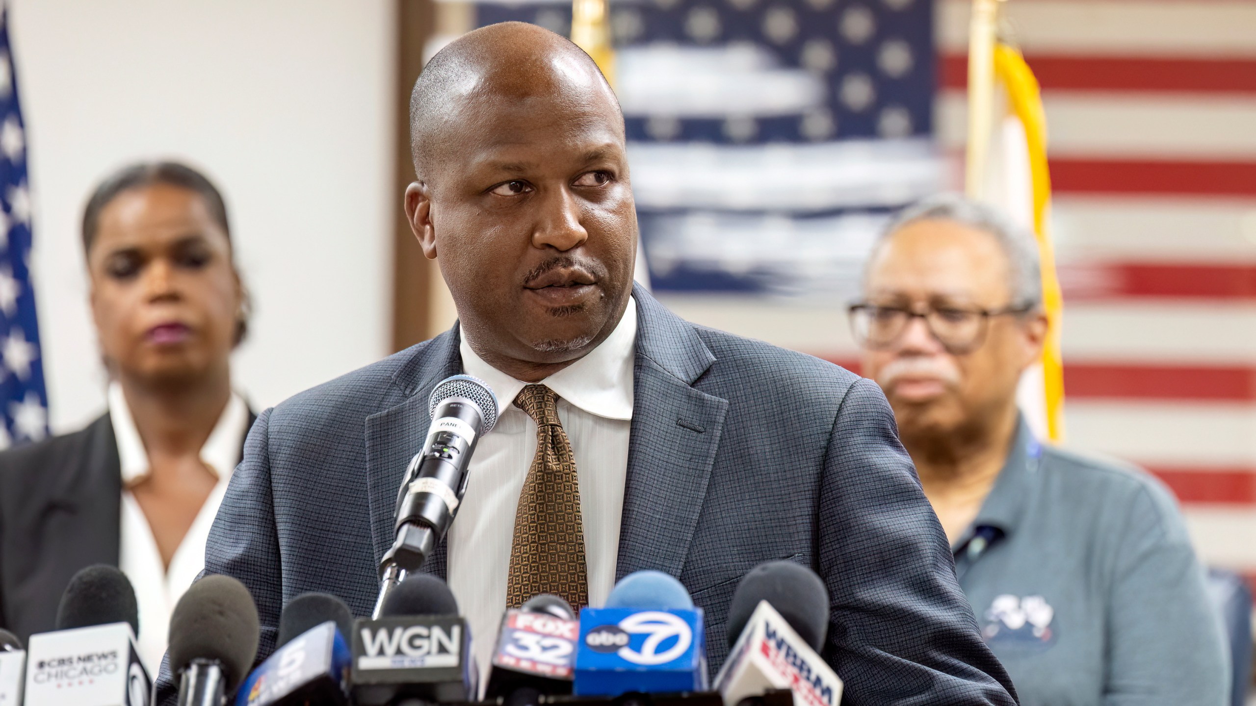 Forest Park Mayor Rory Hoskins speaks to reporters at the Forest Park Village Hall over the shooting death of four people on a Chicago-area transit Blue Line train yesterday morning, Tuesday, Sept. 3, 2024, in Forest Park, Ill. (Tyler Pasciak LaRiviere/Chicago Sun-Times via AP)