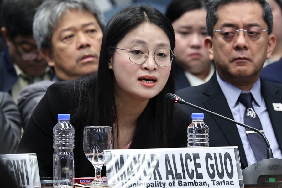 In this handout photo provided by the Philippine Senate Social Media Unit, then Bamban Mayor, Alice Guo, speaks during the Senate Committee on Women, Children, Family Relations and Gender Equality inquiry on the alleged human trafficking and cyber fraud operation in Angeles, Pampanga province held at the Philippine Senate in Pasay City, Philippines on May 22, 2024. Guo, a dismissed town mayor who fled from the Philippines after being accused of helping establish an illegal online gaming and scam center that catered mostly to clients in China, has been arrested near Indonesia's capital, officials said Wednesday Sept. 4, 2024. (Joseph Vidal/Philippine Senate Social Media Unit via AP)