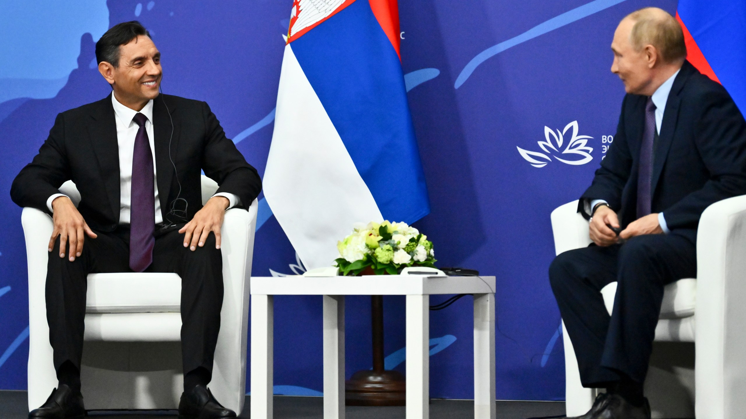 Russian President Vladimir Putin, right, and Serbian Deputy Prime Minister Aleksandar Vulin talk to each other during their meeting on the sidelines of the Eastern Economic Forum in Vladivostok, Russia, on Wednesday, Sept. 4, 2024. (Kristina Kormilitsyna, Sputnik, Kremlin Pool Photo via AP)