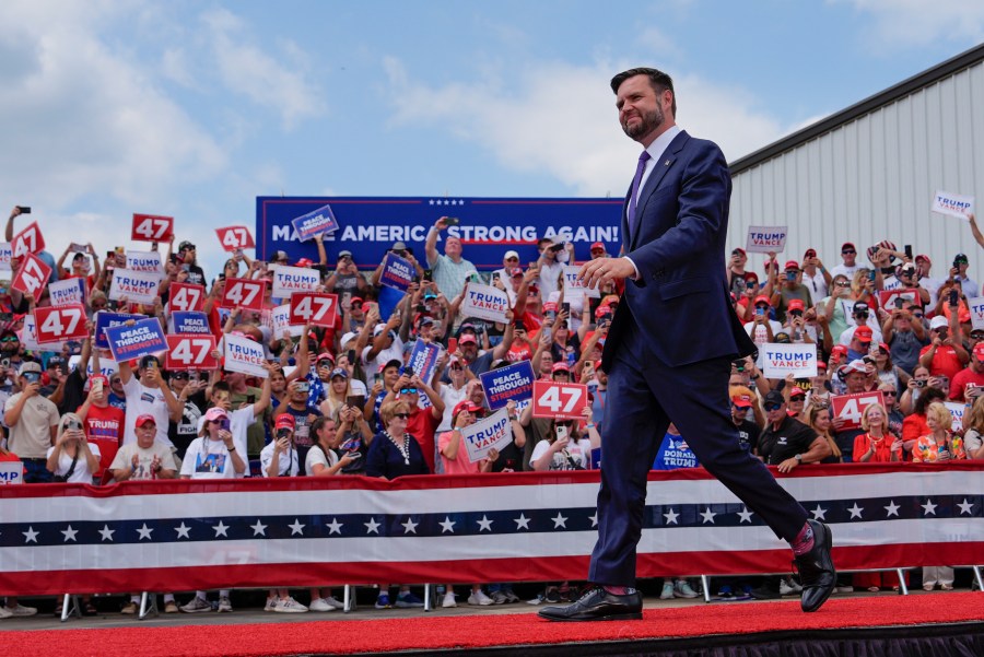 FILE - Republican vice presidential nominee Sen. JD Vance, R-Ohio, arrives at a campaign rally at North Carolina Aviation Museum, Aug. 21, 2024, in Asheboro, N.C. (AP Photo/Julia Nikhinson, File)