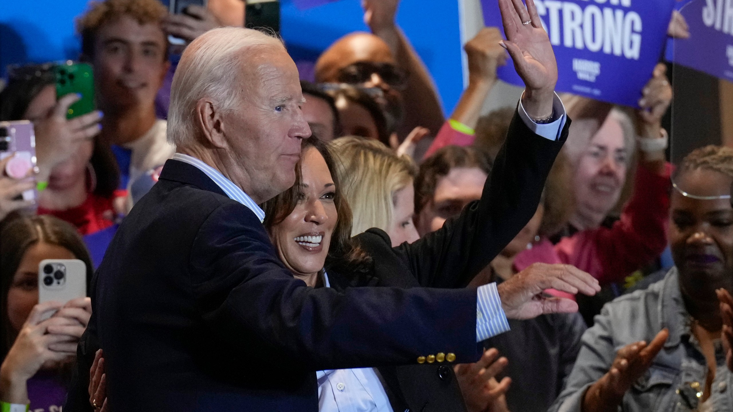 Democratic presidential nominee Vice President Kamala Harris campaigns with President Joe Biden at the IBEW Local Union #5 union hall in Pittsburgh, on Labor Day, Monday, Sept. 2, 2024. (AP Photo/Jacquelyn Martin)