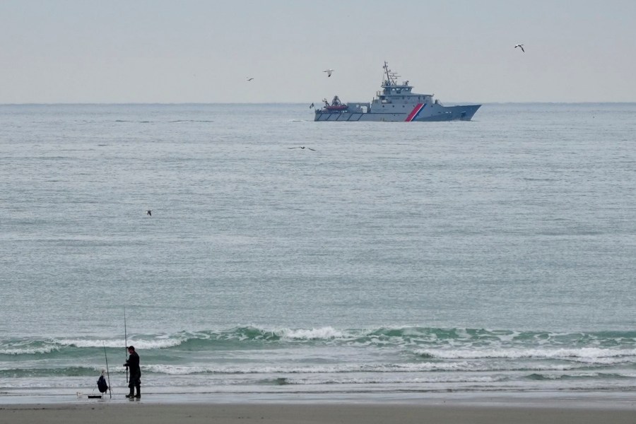 A vessel of the French Gendarmerie Nationale patrols in front of the Wimereux beach, France, Wednesday, Sept. 4, 2024. A boat carrying migrants ripped apart in the English Channel as they attempted to reach Britain from northern France on Tuesday, plunging dozens into the treacherous waterway and leaving 12 dead, authorities said. (AP Photo/Nicolas Garriga)