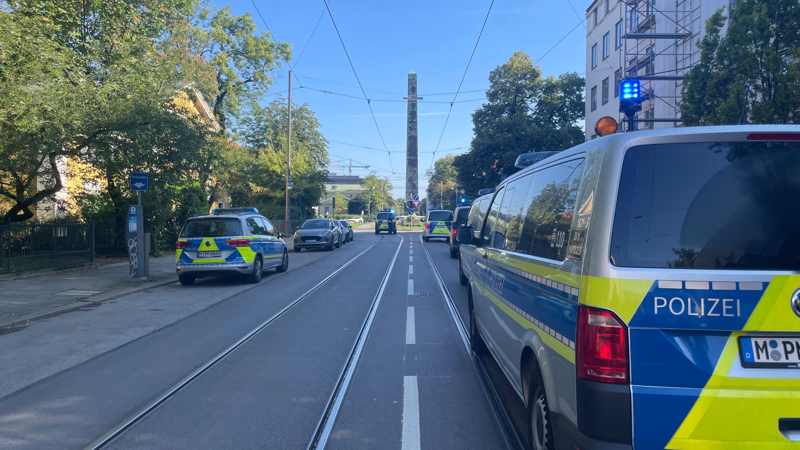 Police vehicles parked in Munich near the Nazi Documentation Center and the Israeli Consulate General in Munich, Germany, Thursday, Sept. 5, 2024. (Simon Sachseder/dpa via AP)