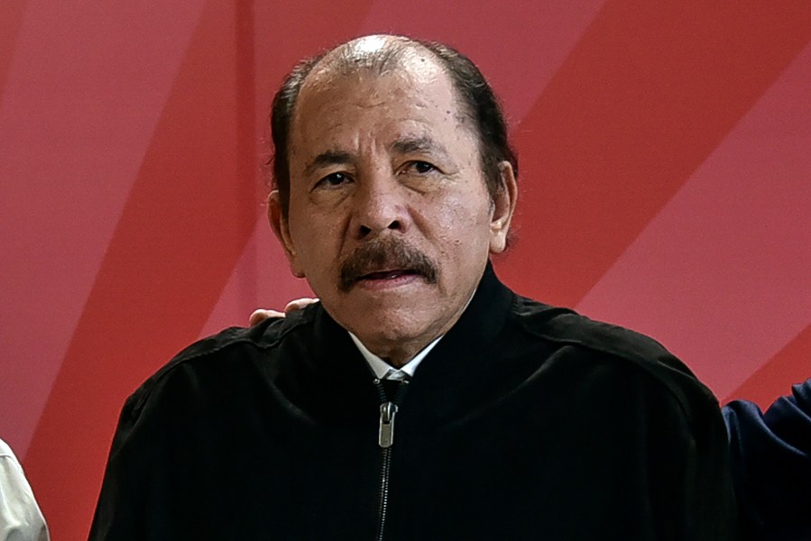 FILE - Nicaragua's President Daniel Ortega poses for a photo during the ALBA Summit at the Palace of the Revolution in Havana, Cuba, Dec. 14, 2021. (Adalberto Roque, Pool Photo via AP, File)