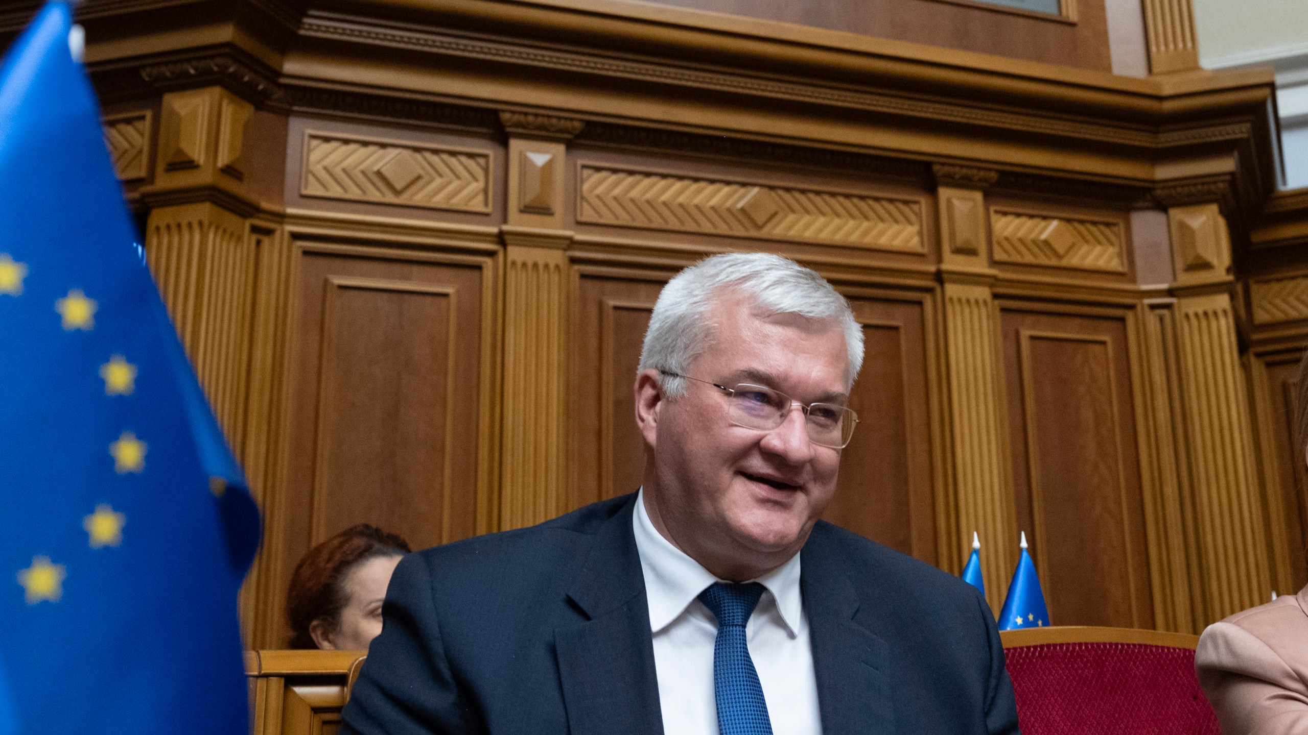 In this photo provided by the Ukrainian Parliament Press Office, Ukraine's newly appointed Foreign Minister Andrii Sybiha speaks in parliament in Kyiv, Ukraine, Thursday, Sept. 5, 2024. (Andrii Nesterewnko/Ukrainian Parliament Press Office via AP)