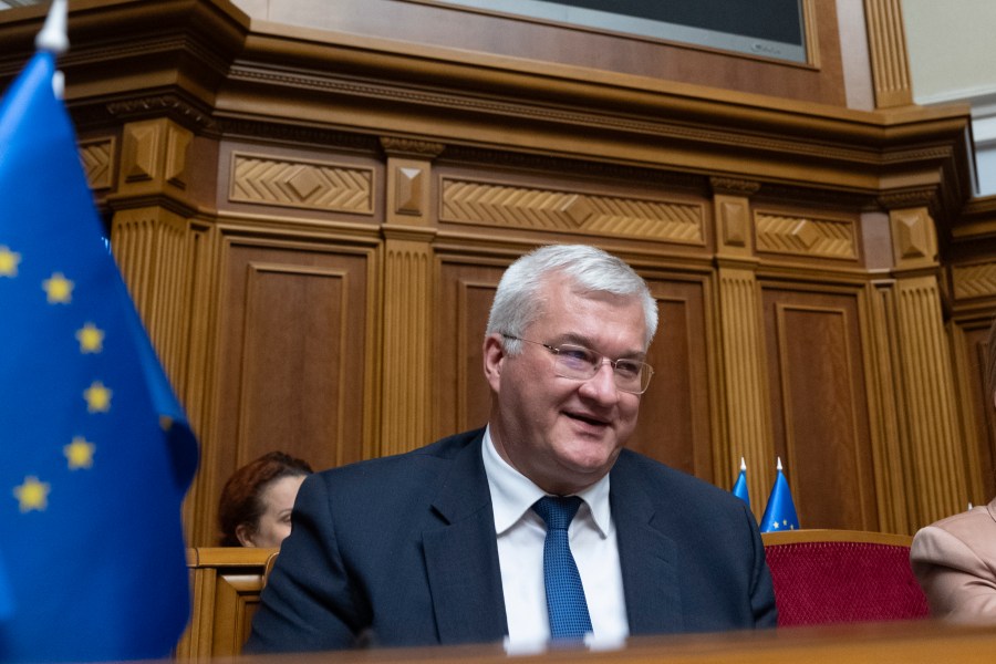 In this photo provided by the Ukrainian Parliament Press Office, Ukraine's newly appointed Foreign Minister Andrii Sybiha speaks in parliament in Kyiv, Ukraine, Thursday, Sept. 5, 2024. (Andrii Nesterewnko/Ukrainian Parliament Press Office via AP)