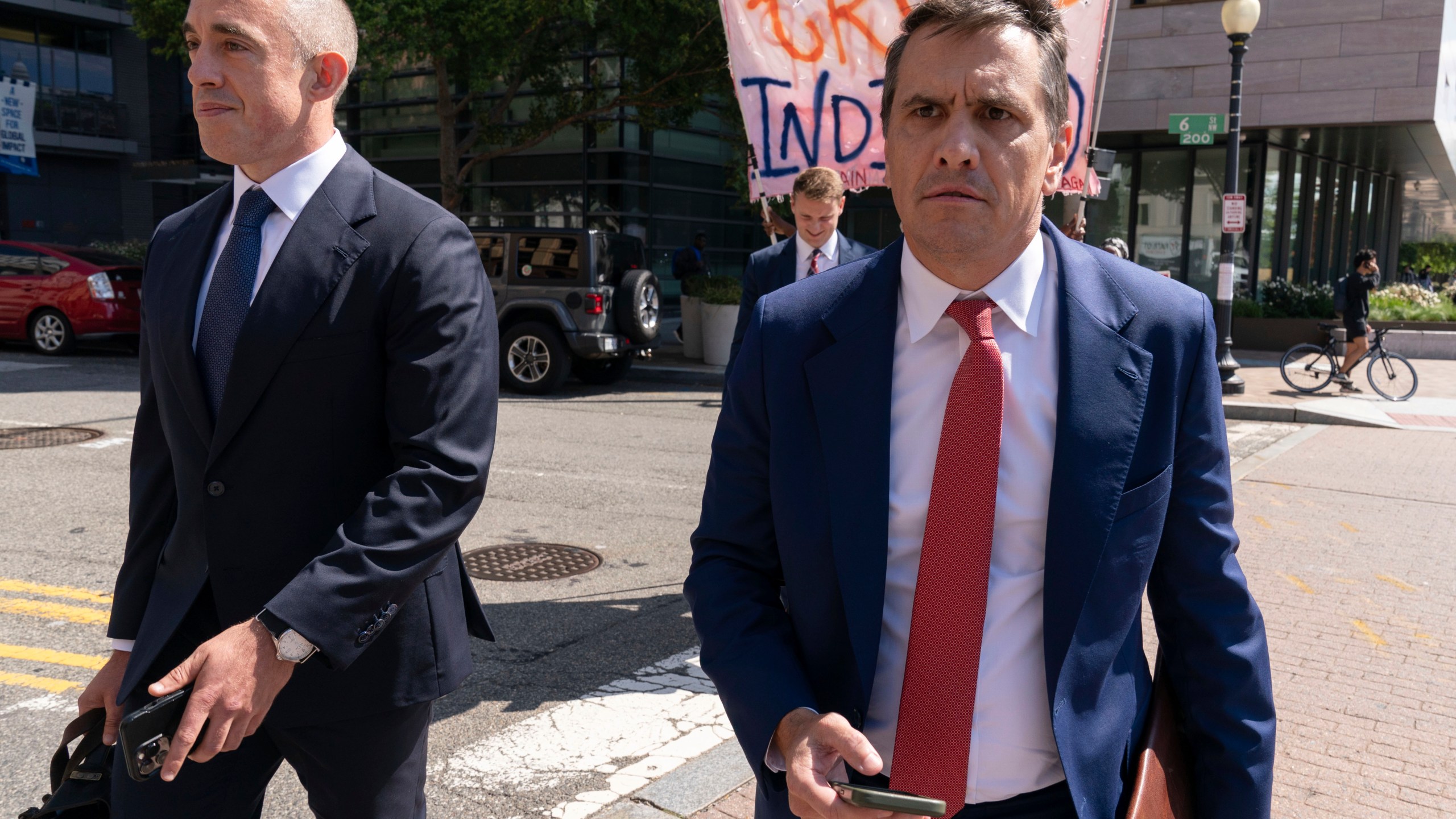 Former President Donald Trump attorneys Emil Bove, left, and Todd Blanche leave the U.S. Federal Courthouse, after a hearing, Thursday, Sep. 5, 2024, in Washington. A judge is hearing arguments about potential next steps in the federal election subversion prosecution of Donald Trump in the first hearing since the Supreme Court narrowed the case by ruling that former presidents are entitled to broad immunity from criminal charges. (AP Photo/Jose Luis Magana)