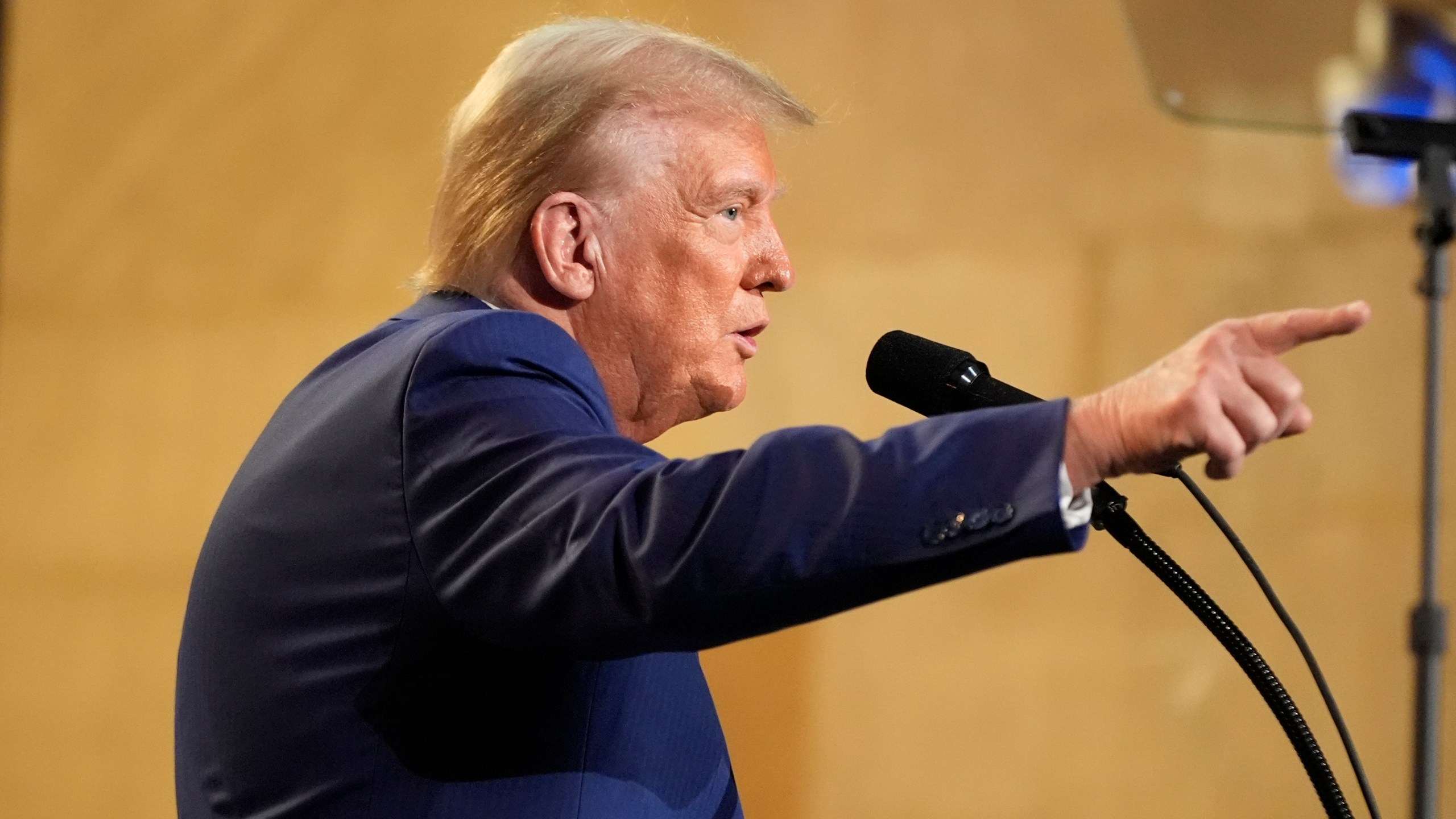 Republican presidential nominee former President Donald Trump responds to questions during a campaign event at the Economic Club of New York, Thursday, Sept. 5, 2024, in New York. (AP Photo/Alex Brandon)