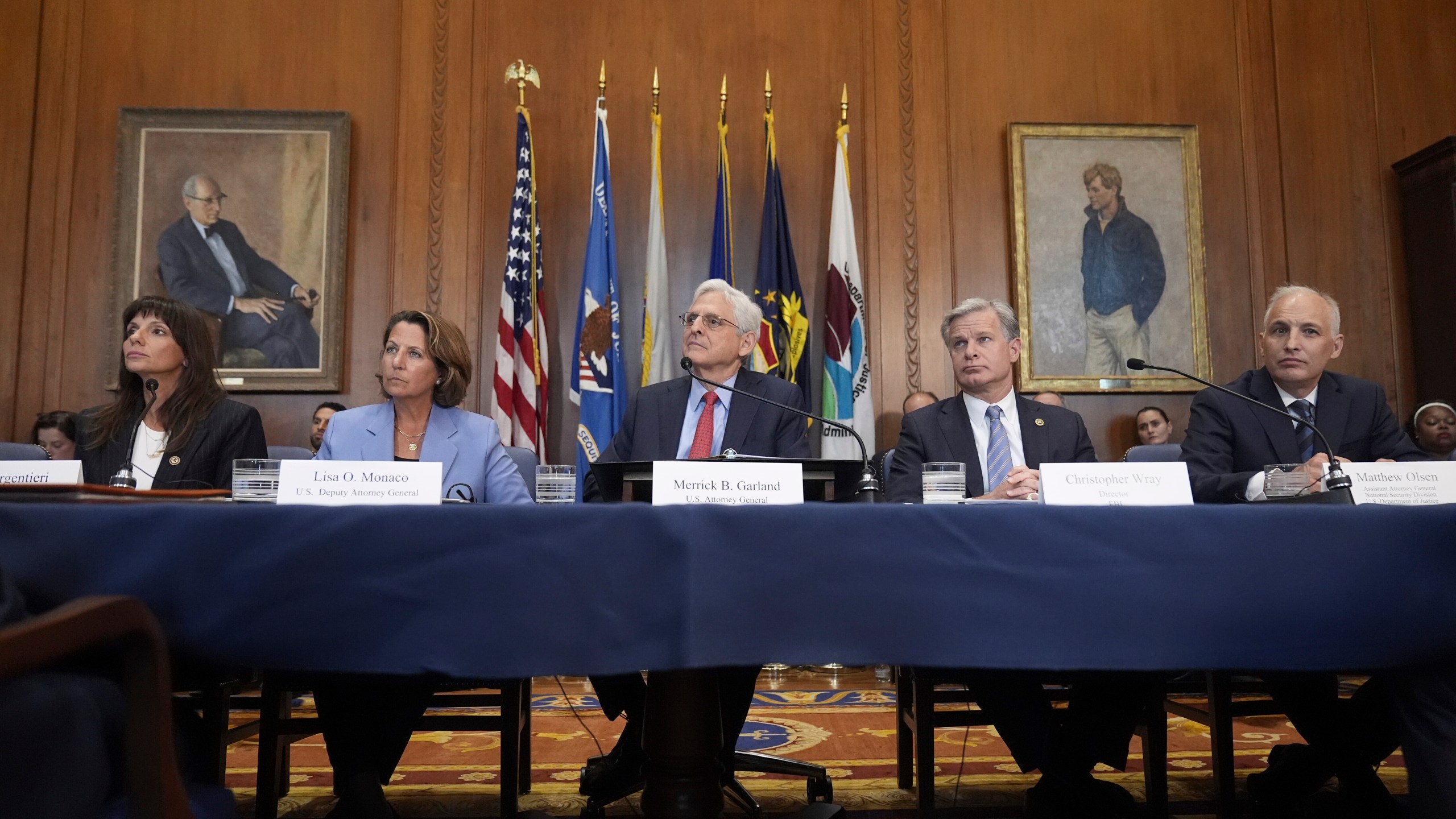 Attorney General Merrick Garland, center, speaks before a meeting of the Justice Department's Election Threats Task Force, at the Department of Justice, Wednesday, Sept. 4, 2024, in Washington, with from left, Deputy Attorney General, Criminal Division, Nicole Argentieri, Deputy Attorney General Lisa Monaco, Garland, FBI Director Christopher Wray and Assistant Attorney General, National Security Division, Matthew Olsen. (AP Photo/Mark Schiefelbein)