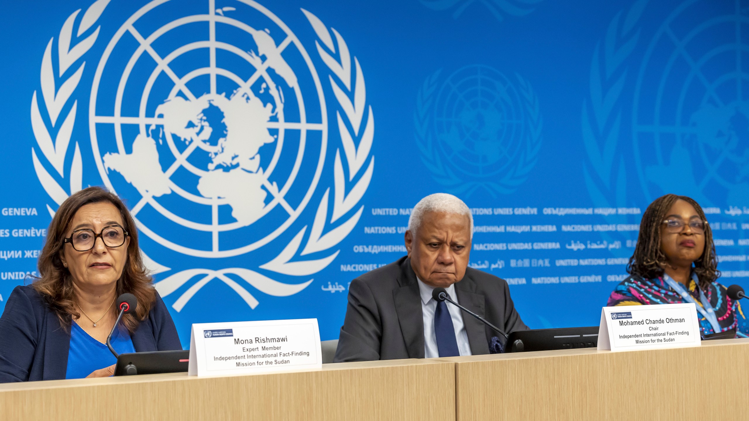 From left, United Nations Fact-Finding Mission's expert member Mona Rishmawi, left, its chair Mohamed Chande Othman and expert member Joy Ngozi Ezeilo present its first investigative report to the media during a press conference at the European headquarters of the United Nations in Geneva, Switzerland, Friday, Sept. 6, 2024. (Salvatore Di Nolfi/Keystone via AP)