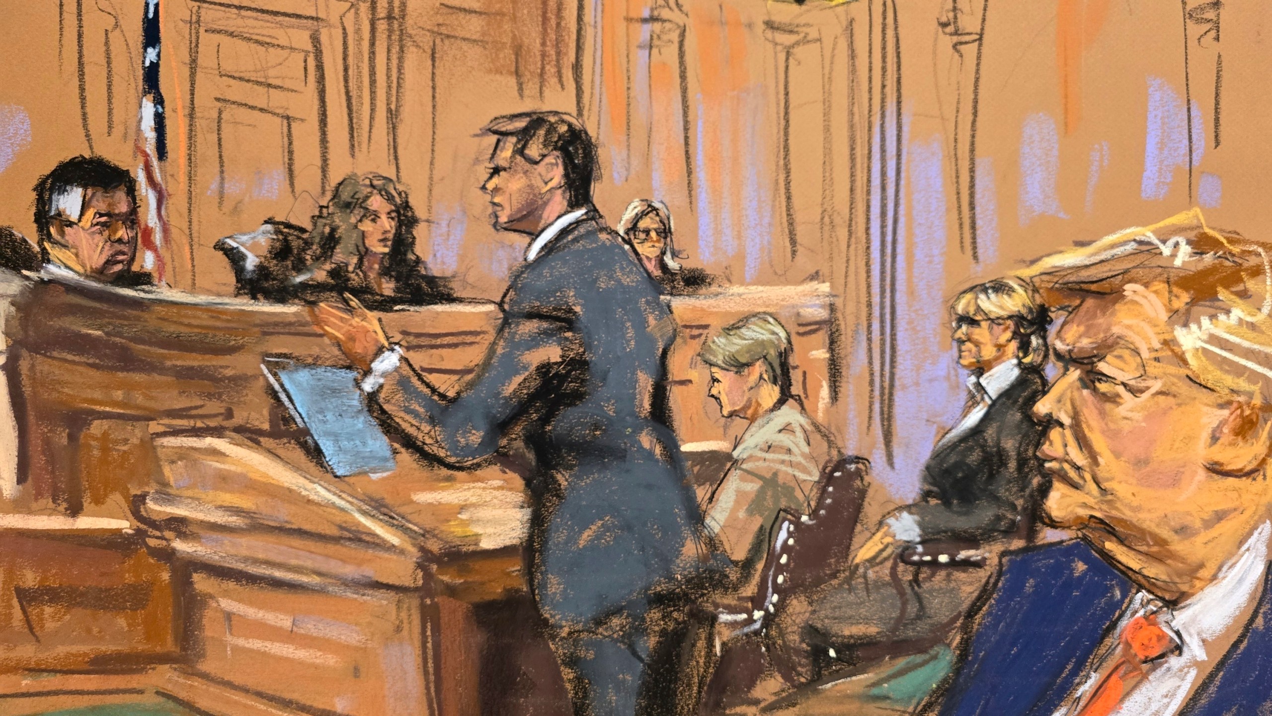 Attorney John Sauer, center, presents arguments for former President Donald Trump, right, as E. Jean Carroll, second from right, looks on in Manhattan federal court, Friday, Sept. 6, 2024, in New York. (Jane Rosenberg via AP)