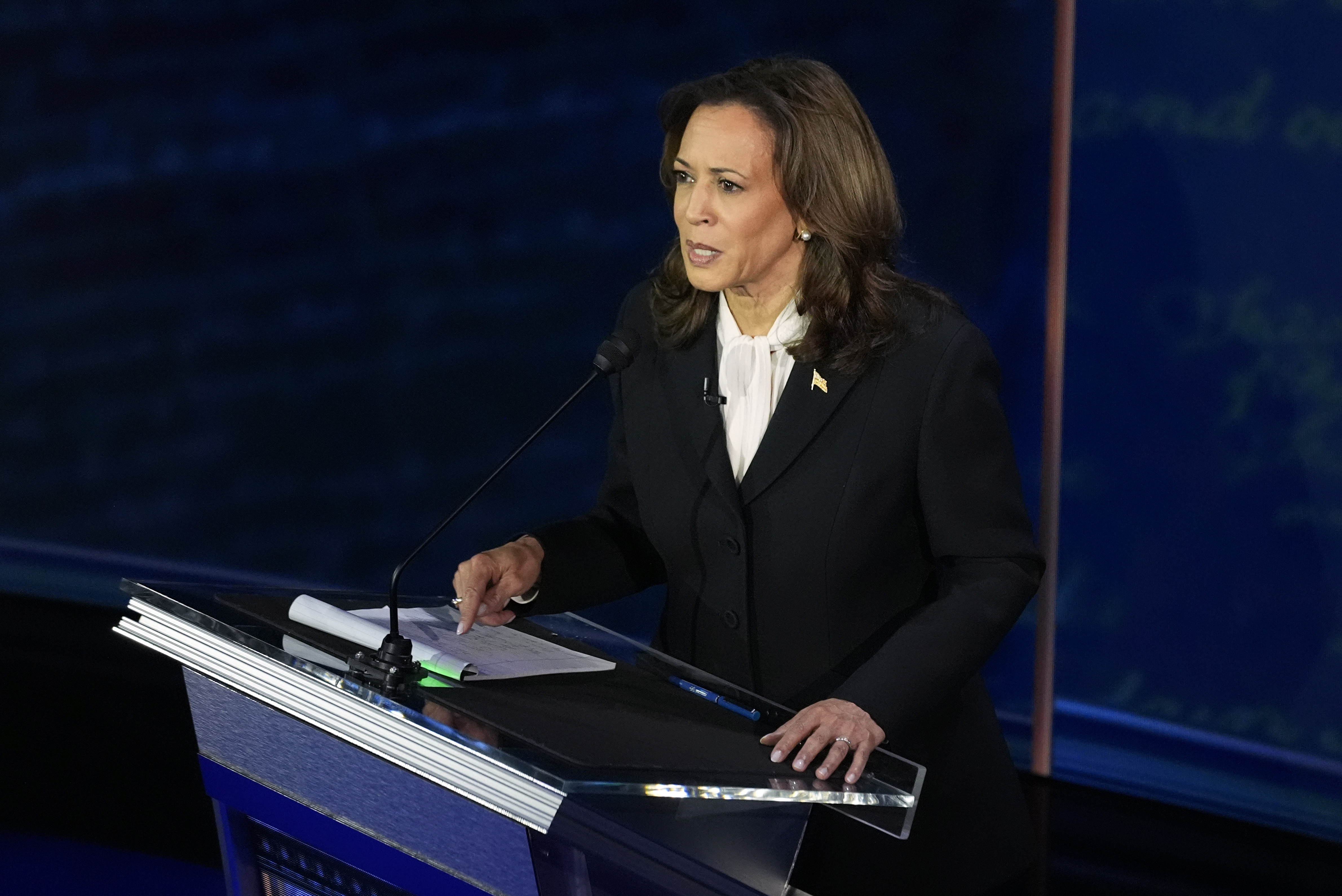 Democratic presidential nominee Vice President Kamala Harris speaks during a presidential debate with Republican presidential nominee former President Donald Trump at the National Constitution Center, Tuesday, Sept.10, 2024, in Philadelphia. (AP Photo/Alex Brandon)