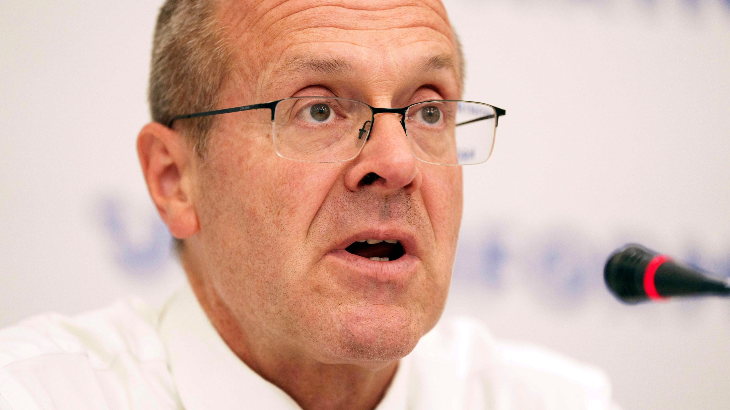 Doctor Hans Henri P. Kluge, WHO Regional Director for Europe speaks to the media during a press conference in Kyiv, Ukraine, Thursday Sept. 12, 2024. (AP Photo/Evgeniy Maloletka)